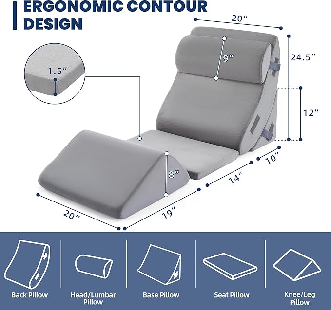 BDEUS 5pcs Orthopedic Bed Wedge Pillow Set, Memory Foam Wedge Pillow for Sleeping, Knee, Lumbar and Back Support Adjustable Bed Pillow, Deep Grey