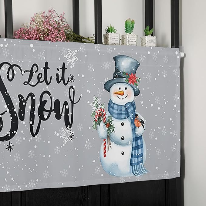 Snowman Christmas Valance Curtains for Kitchen Windows Let It Snow Winter Holiday Rod Pocket Window Treatment Toppers for Kitchen/Living Room/Bedroom/Bathroom, 60" X 18", Grey White