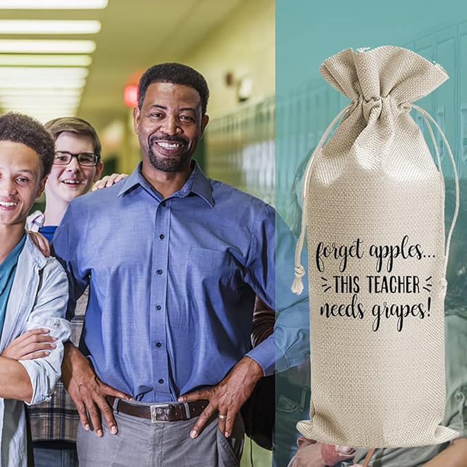 Teachers Teacher's Day Gifts Wine Bags, Teacher Appreciation Gifts for Women, Teacher Gifts from Student, Birthday Gifts for Teachers, Best Teacher Appreciation Day, Burlap Drawstring Wine Bag
