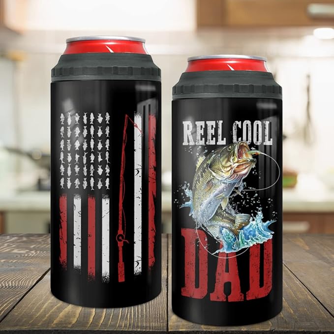 winorax Fishing Gifts For Men Reel Cool Dad Tumbler Can Cooler 4-in-1 America Flag Stainless Steel 16oz Travel Cup Father's Day Birthday Gifts for Dad Fisherman Husband from Son Daughter Wife