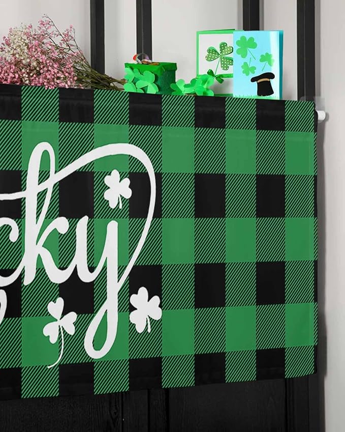 St. Patrick's Day Buffalo Plaid Kitchen Curtains Valances for Windows Lucky Shamrocks Clover Rod Pocket Window Treatment for Kitchen /Living Room/Bedroom/ Bathroom, 42" X 12", Rustic Green Black