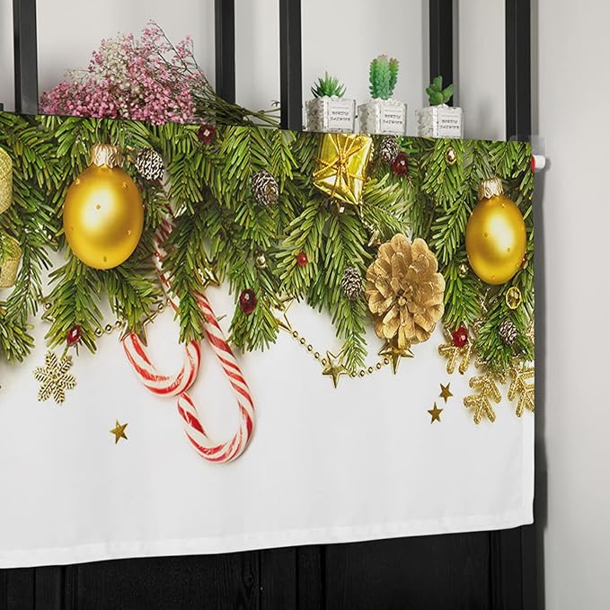 Christmas Kitchen Curtains Valances for Windows Pine Cones Rod Pocket Window Treatment for Kitchen/Living Room/Bedroom/Bathroom,42" X 12" -1 Panel, Golden Ornament Balls
