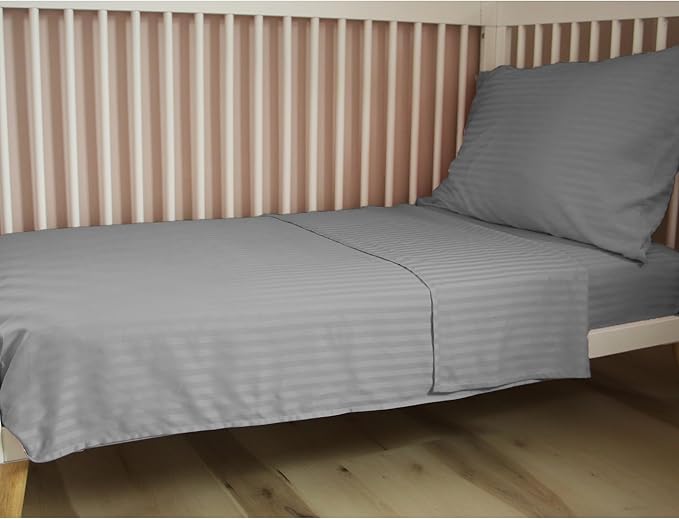 Toddler Bedding Set - 4 Piece Soft Crib Bedding Set for Boys, Includes Toddler Comforter, Flat Sheet, Fitted Sheet and Pillowcase, Grey Stripe