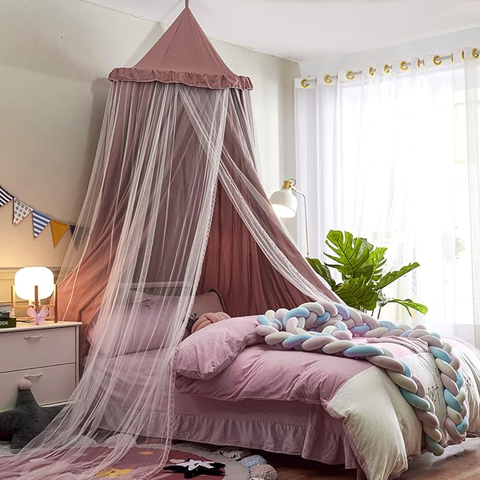 VETHIN Bed Canopy for Kids with Lights,Double Layer Princess Round Dome Children Dreamy Mosquito Net Bedding Girls Room Castle Play Tent Hanging House Decor Reading Nook Canopies(Jujube Red/White)