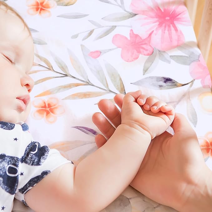 JISEN Fitted Crib Sheets 1 Piece Soft Breathable Baby Crib Sheets for Standard Crib and Toddler Mattress Baby Bed Sheets for Crib for Baby Boys Girls Neutral 28x52 Inch Flowers