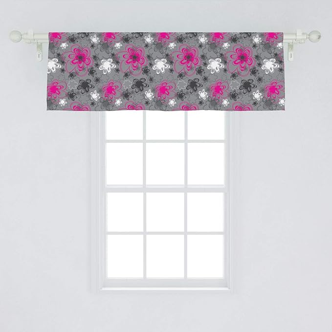 Ambesonne Vintage Floral Window Valance, Vibrant Colored Free Hand Drawing Style Blossoms Antique Retro, Curtain Valance for Kitchen Bedroom Decor with Rod Pocket, 54" X 18", Pink Black