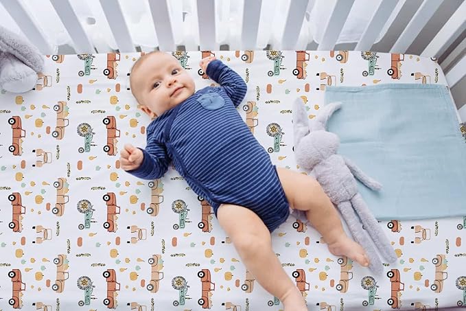 TotAha Crib Sheets for Boys, Premium Stretchy Farm Crib Sheet Fitted, Buttery Soft Truck Crib Mattress Sheets, Calming Effect, All-Season Jersey-Knit 28 X 52 X 9'' Extra Deep Pocket (Farm & Pumpkin)