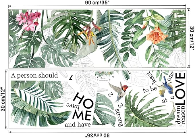 Palm Leaf Wall Stickers Hanging Vines Green Plants Wall Stickers, Removable Peel and Stick for Kitchen Living Room Bedro om Home Decoration