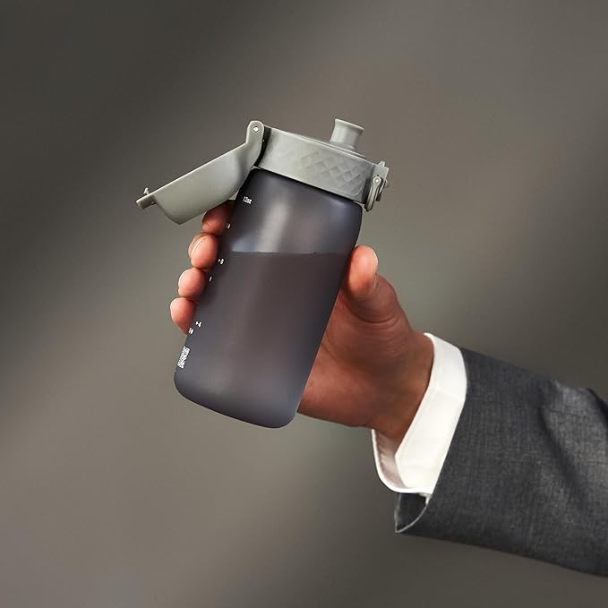 Ion8 Small Water Bottle, 350 ml/12 oz, Leak Proof, Easy to Open, Secure Lock, Dishwasher Safe, BPA Free, Carry Handle, Hygienic Flip Cover, Easy Clean, Odor Free, Carbon Neutral, Grey