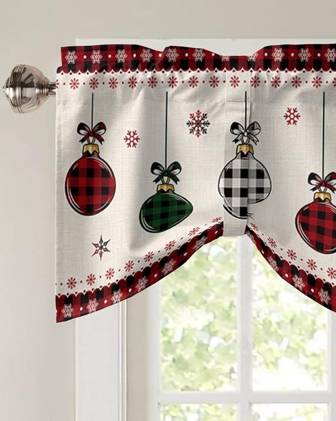 Christmas Blackout Tie Up Valance Curtains for Kitchen Windows Vintage Buffalo Plaid Christmas Balls Window Toppers Balloon Shades for Living Room/Bathroom/Bedroom,1 Panel,42" X 12" Farmhouse