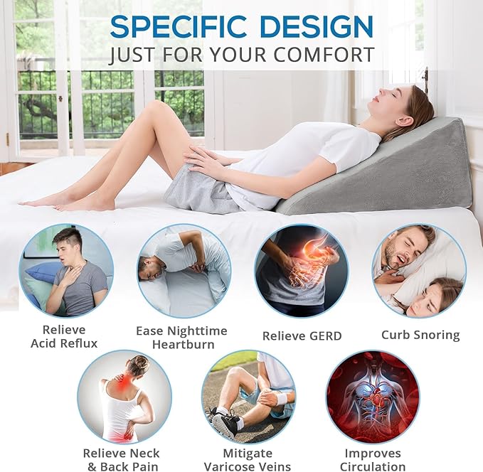 Sasttie Wedge Pillow for Sleep Apnea, 12 Inch Memory Foam Bed Wedge Pillow for Acid Reflux Relief, 30 Degree Triangle Incline Pillow Wedge for Sleeping with Removable Cover, Solid Warm Gray