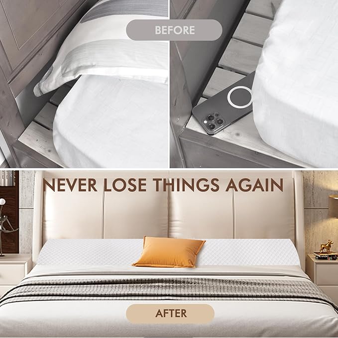 Wedge Pillow Headboard, Pillow Wedge for Headboard Gap with 2 Side Large Pocket, Bed Gap Filler (0-8"), Headboard Wedge Pillow King Size(White, 76"x10"x6")