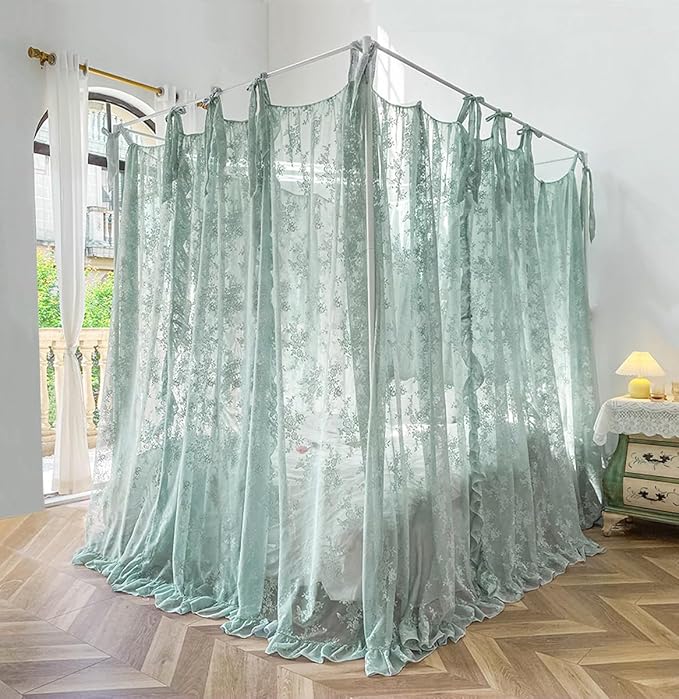 Mengersi Canopy Bed Curtains with Tie Backs,Bed Canopy Curtains Bed Drapes Sheer Lace Curtains for Bedroom Decor(Queen,Sage Green