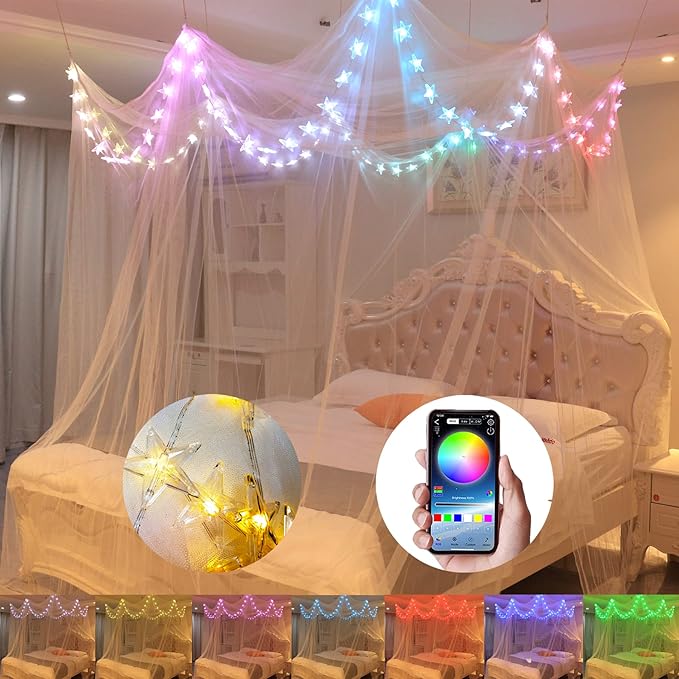 Bed Canopy with LED Star Lights, Canopy Bed Curtain with RGB Color Changing String Lights with Smart App Control Remote for Princess Girls Bedroom, Suggested for Twin Full Queen King Bed