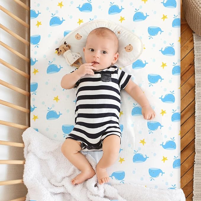 Pack n Play Fitted Sheet .2 Piece Mini Crib Sheet. Stretch Playard Sheet Portable Sheet Set. Elastic Convertible Playard Pad. Compatible with Graco Pack n Play (Baby Whale and Hedgehog)