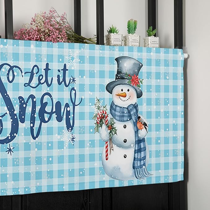 Snowman Christmas Valance Curtains for Kitchen Windows Let It Snow Winter Holiday Rod Pocket Window Treatment Toppers for Kitchen/Living Room/Bedroom/Bathroom, 60" X 18", Blue White Buffalo Plaid