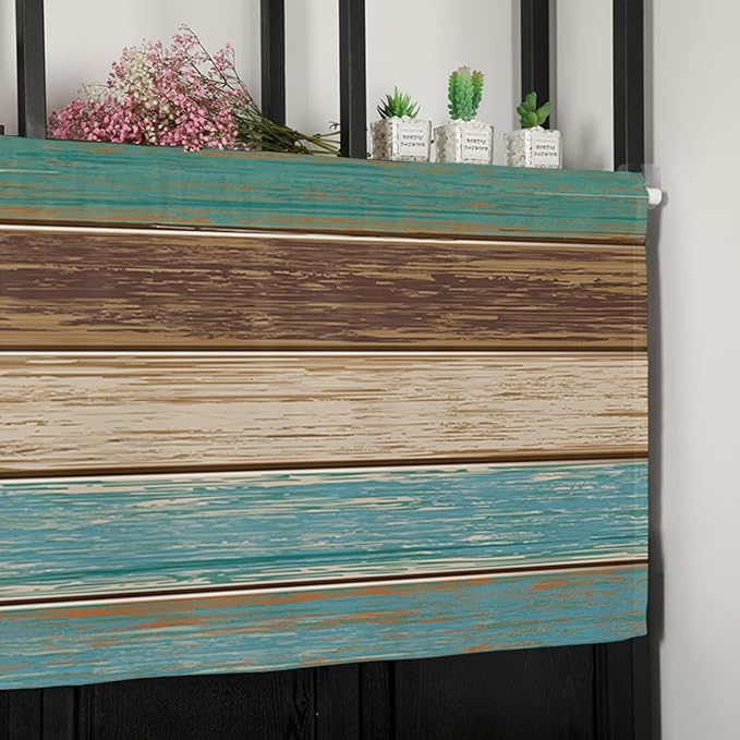 Farmhouse Kitchen Curtains Valances for Windows Teal Turquoise Green Brown Country Rod Pocket Window Treatment for Kitchen /Living Room/Bedroom/ Bathroom,42" X 12" -1 Panel, Retro Rustic Barn Wood