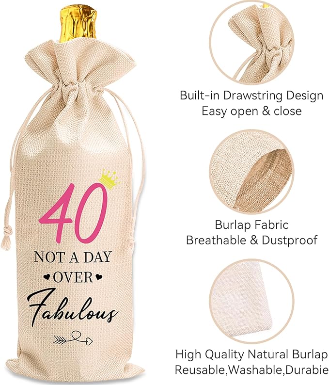 comfit 40th Birthday Wine Bag Gifts for Her,40th Birthday Wine Bag,40th Wine Bag With Drawstring,40th Birthday Decorations,Wine Gift Bags