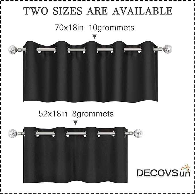 Black Valances Extra Wide for Windows for Kitchen Blackout Thermal Insulated Curtain Valance for Bathroom/Office Short Straight Drape Valance for Bedroom Kids Room 70W x18L 1 Panel