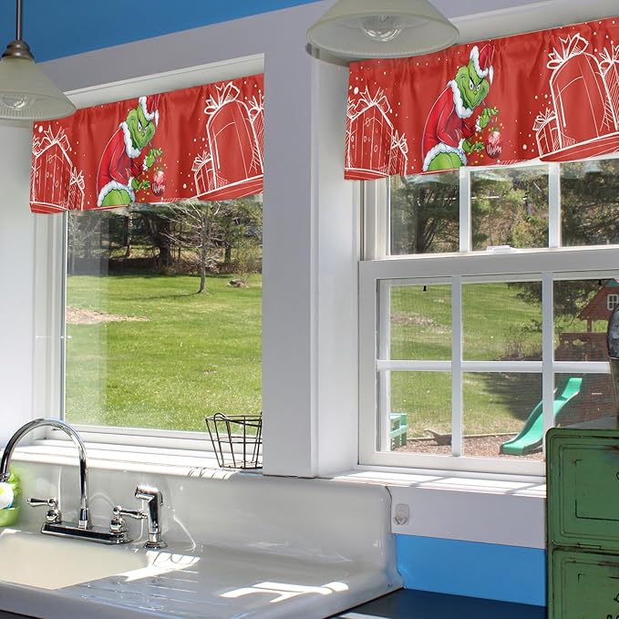 Grin-ch Window Valance for Kitchen Living Room Merry Grinchmas Window Curtain for Bedroom Christmas Window Valance Rod Pocket Window Treatment Christmas Window Decorations, 54" W x 18" L