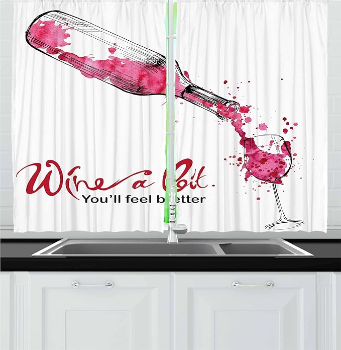 Ambesonne Wine Kitchen Curtains, Wine a Bit You Feel Better Inspirational Words Bottle Pouring Sketch Art, Window Drapes 2 Panel Set for Kitchen Cafe Decor, 55" x 24", Coral Black