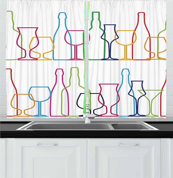 Ambesonne Wine Kitchen Curtains, Colorful Outline Bottles and Glasses Bar Party Drink Cocktails Modern Fun Pattern, Window Drapes 2 Panel Set for Kitchen Cafe Decor, 55" x 36", Pink Green