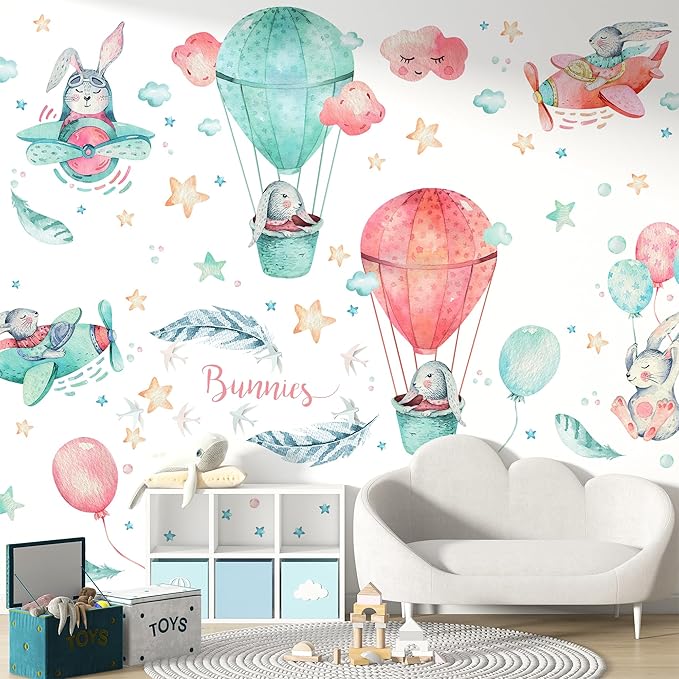 Bunny Wall Decals for Kids by Lipastick - 156 pcs Rabbits Wall Stickers Peel and Stick - Hot Air Balloon Wall Decals for Girls Boys Kids Baby Nursery Room Bedroom - Bunnies Wall Décor XXL Size