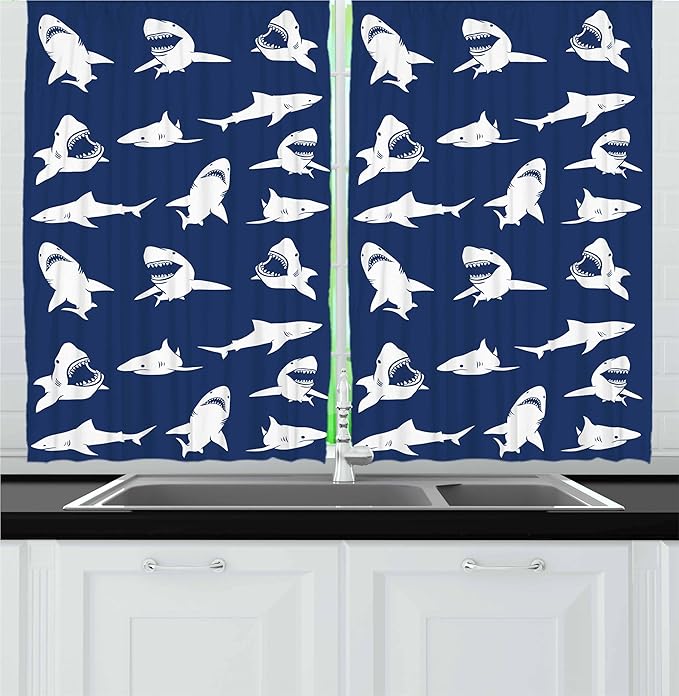 Ambesonne Shark Kitchen Curtains, Shark Pattern with Various Gestures Have a Bite Danger Humor Nautical Design, Window Drapes 2 Panel Set for Kitchen Cafe Decor, 55" x 36", Blue Violet