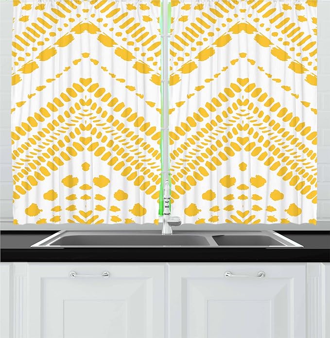 Ambesonne Yellow Chevron Kitchen Curtains, Hand Drawn Aztec Pattern Motif with Dashed Lines, Window Drapes 2 Panel Set for Kitchen Cafe Decor, 55" x 36", Mustard White
