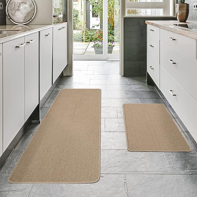 COSY HOMEER 24x35 Inch/24X60 Inch Kitchen Rug Mats Made of 100% Polypropylene Strip TPR Backing 2 Pieces Soft Kitchen Mat Specialized in Anti Slippery and Machine Washable,Beige