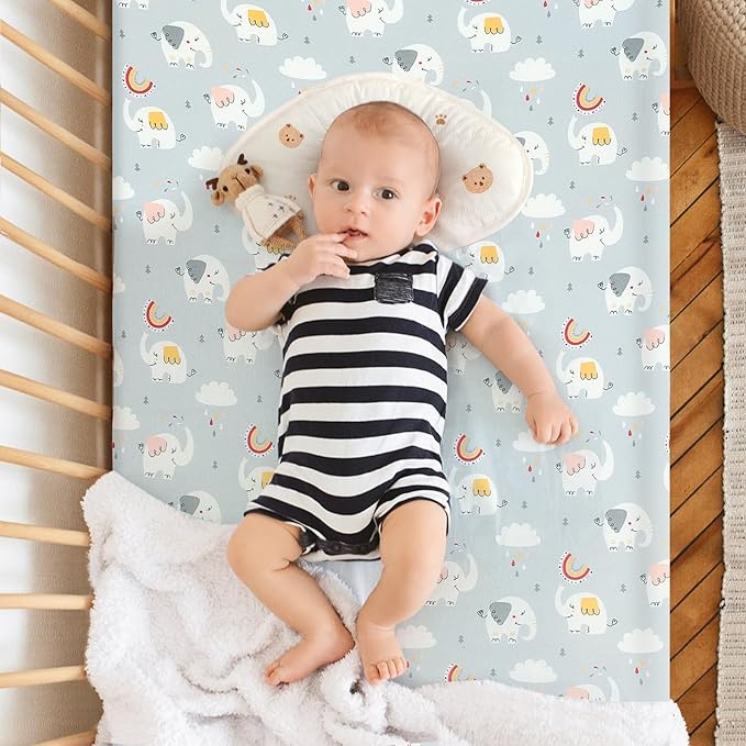 Pack n Play Fitted Sheet .2 Piece Mini Crib Sheet. Stretch Playard Sheet Portable Sheet Set. Elastic Convertible Playard Pad. Compatible with Graco Pack n Play (Rainbow Whale & Elephant)