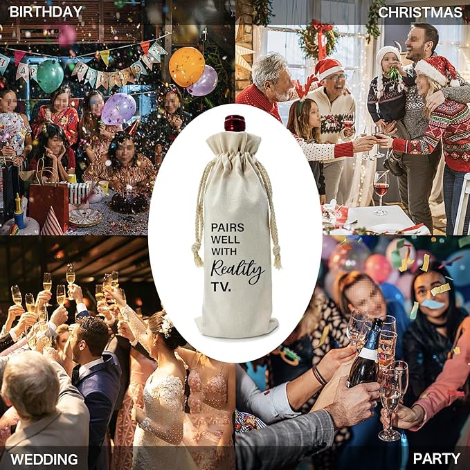 ZHANTUONE,Pairs Well With Really TV,Funny Birthday Gift Ideas Wine Bag,Drawstring Polyester Cotton Cloth Wine Bag,For Friend Boss Teacher Wine Lovers Reusable Wine Wrap Bag,13IN