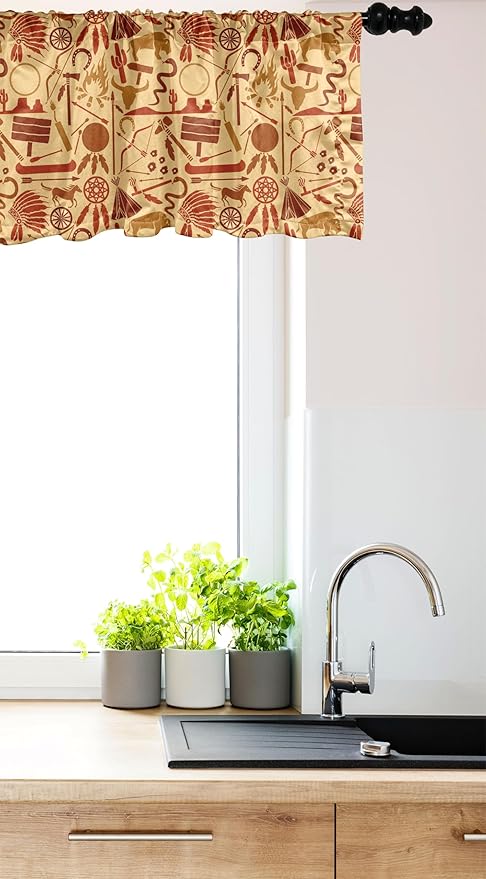 Ambesonne Western Window Valance, Culture Arrow Hatchet Chiefs Hat Snakes Bison Tools, Curtain Valance for Kitchen Bedroom Decor with Rod Pocket, 42" x 18", Pale Orange Redwood