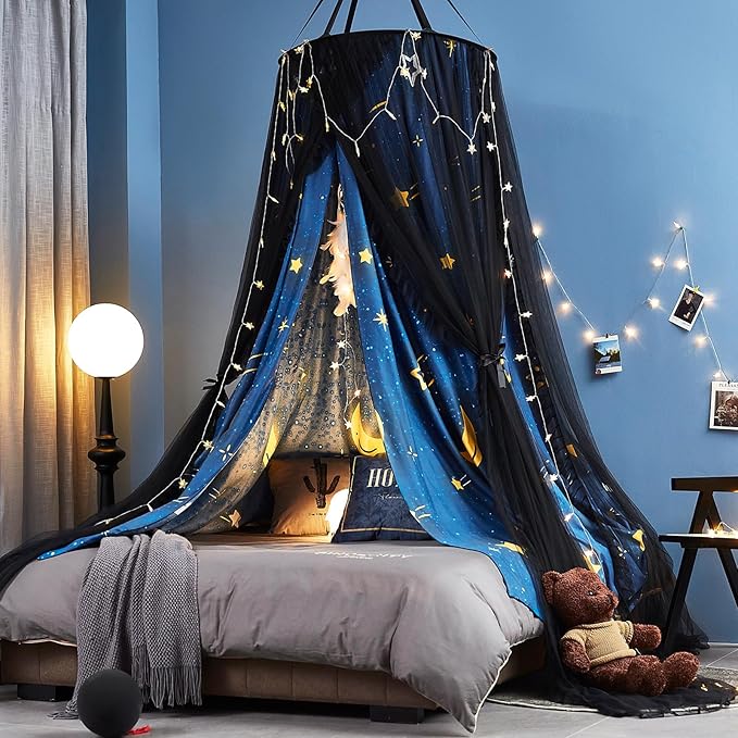 Kertnic Gorgeous Star Printed Bed Canopy for Girls & Adults, Room Decorative Cozy Bed Curtain Canopy Drapes, Round Dome Luxurious Lace Princess Canopies Mosquito Netting (Star)