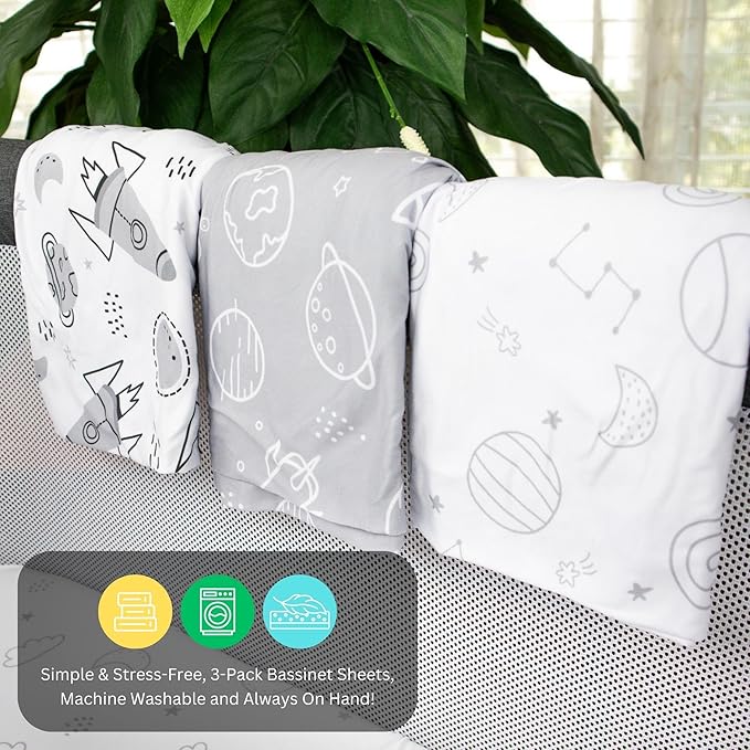 Bassinet Sheets for Maxi-Cosi Iora, Papablic 2 in 1 Bonni, Cowiewie Baby Bassinet Bedside Sleeper, 3 Pack, 33x20 Inch, Ultra Soft, Breathable Snug Fit, Unisex Boys Girls, Gray White (Space Rockets)