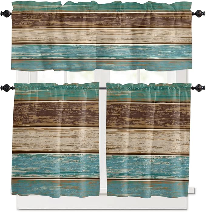 Kitchen Curtains and Valances Set,Rustic Farmhouse Window Treatments Tiers Retro Wood Teal Green Brown Semi Sheer Half/Short Curtains for Small Windows Cafe /Living Room/ Bedroom 54x36 in, 3-Piece