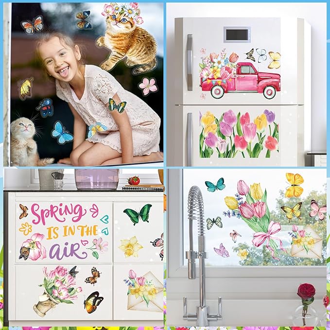 HOWAF Spring is in The Air Tulip Flowers Window Clings Stickers,9 Sheets Hello Spring Floral Butterfly Truck Cart Wall Glass Stickers Decal Decorations, Spring Cat Dog Theme Window Decals