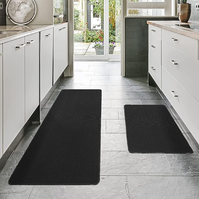 COSY HOMEER 24x35 Inch/24X60 Inch Kitchen Rug Mats Made of 100% Polypropylene Strip TPR Backing 2 Pieces Soft Kitchen Mat Specialized in Anti Slippery and Machine Washable,Black