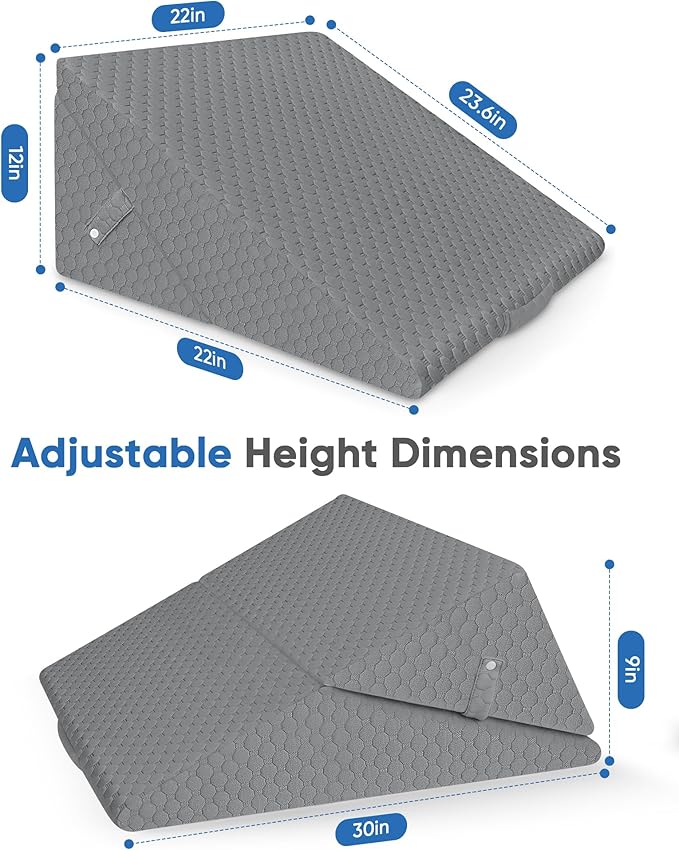 Forias Wedge Pillow for Sleeping 9 &12 Inch Adjustable Bed Wedge Pillow for After Surgery Foldable Memory Foam Triangle Pillow Wedge for Acid Reflux Snoring Post Surgery Back Leg Knee Pain - Gray