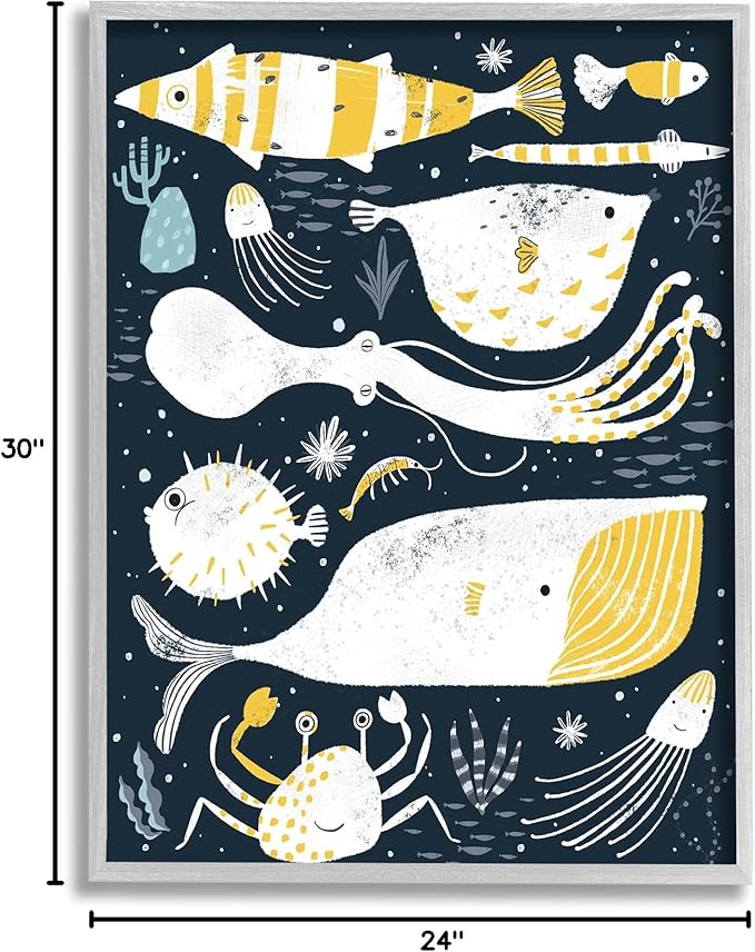 Stupell Industries Aquatic Life Ocean Collage Crab Whale Octopus, Designed by Junco. Studio Gray Framed Wall Art, 24 x 30, Blue