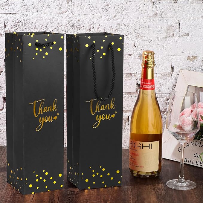 Ssyuysto Wine Gift Bag with Gold Foil Wine Bags with Rope Handles, (3.7 x 13.7 x 3.5 in) - Elegant Black Wine Bags for Wine Bottles and Gifts