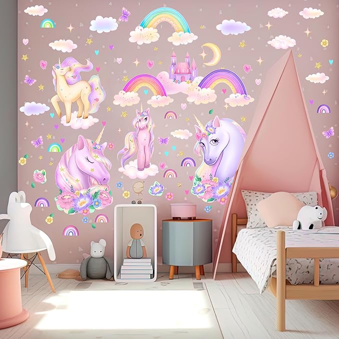 Unicorn Wall Decals Pack of 4 Sheets 135 pcs by Lipastick - Rainbow Wall Stickers – Princess Castle with Hearts Clouds Stars Wall Decals Decor for Girls Kids Bedroom Birthday Party Size XXL