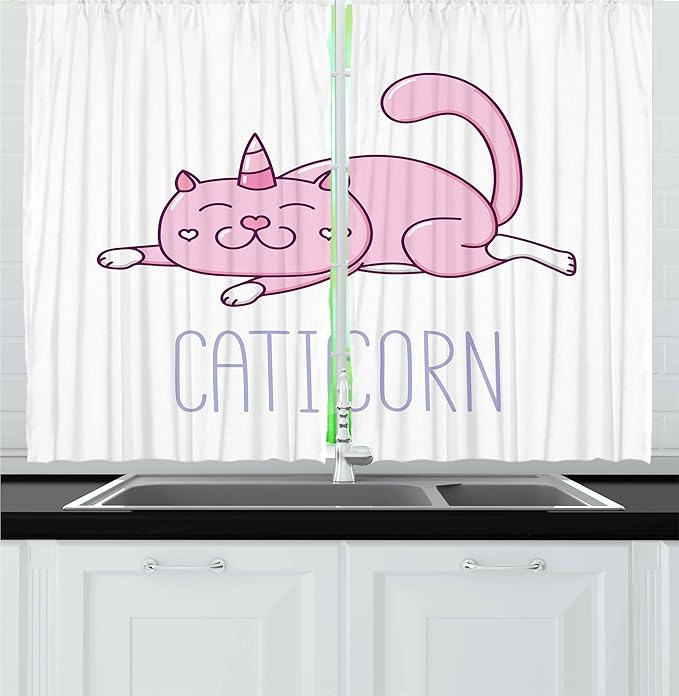 Ambesonne Unicorn Cat Kitchen Curtains, Pink Cat a Horn and Funny Expression Lying Caticorn Cartoon Mascot, Window Drapes 2 Panel Set for Kitchen Cafe Decor, 55" x 24", White Lilac