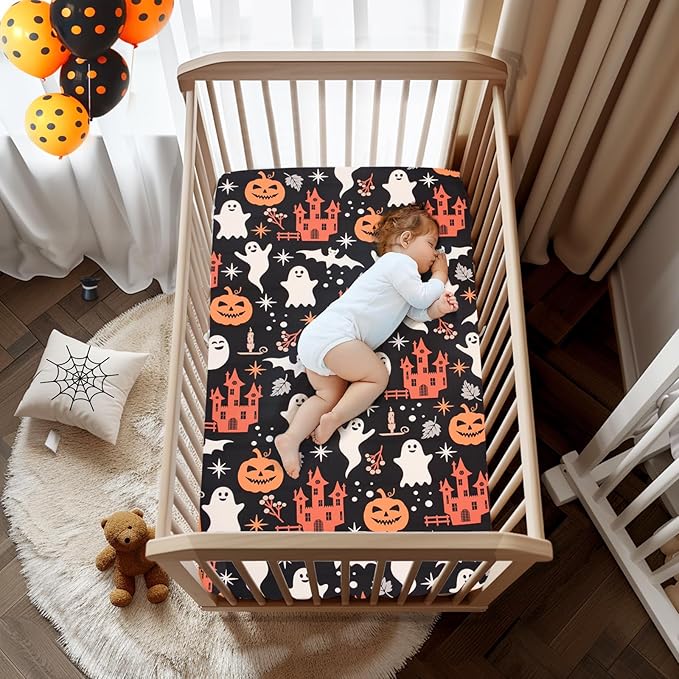 JISEN Halloween Crib Sheet Ghosts Fitted Crib Sheet for Boys Girls Crib Mattress Cover Baby Sheet for Standard Crib and Toddler Mattress Soft Breathable Baby Bed Sheet for Neutral 52x28 Inch Castles