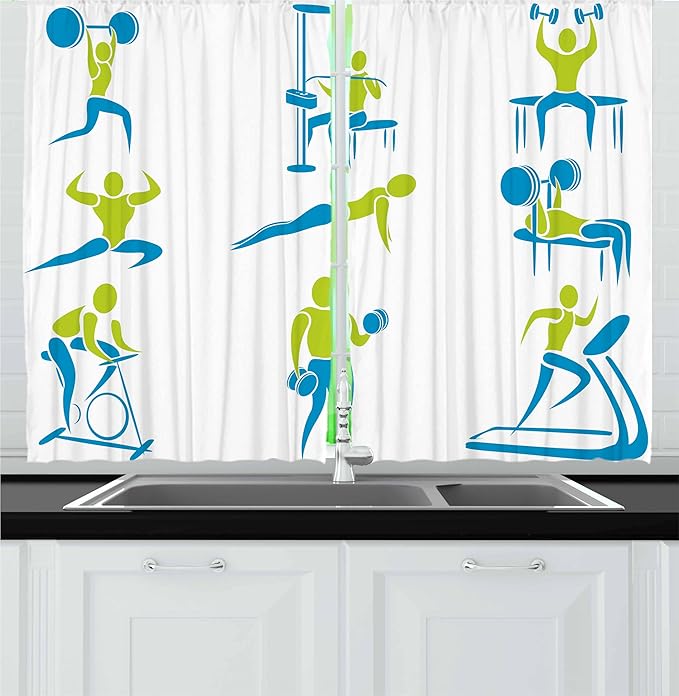 Ambesonne Fitness Kitchen Curtains, Showing Different Gym Activities Weightlifting Equipment, Window Drapes 2 Panel Set for Kitchen Cafe Decor, 55" x 24", Apple Green