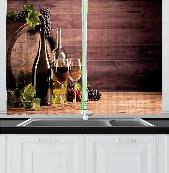 Ambesonne Wine Kitchen Curtains, Still Life of Wine with Wooden Keg Rustic Concept Tasting Viticulture, Window Drapes 2 Panel Set for Kitchen Cafe Decor, 55" x 30", Brown Green