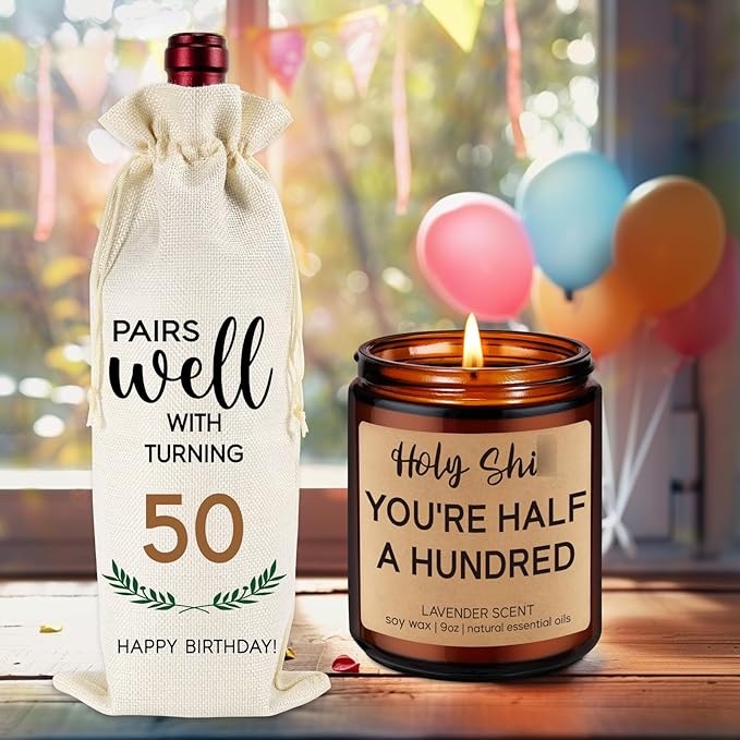 Fairy's Gift 50th Birthday Candle & Wine Bag - Cool Gifts for 50 Year Old Woman Man, Funny 50th Birthday Gifts for Women Men, 50 Year Old Gifts for Her Him, Turning 50 Birthday Gifts Ideas