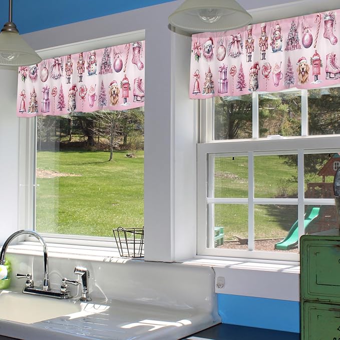 Pink Christmas Window Valance for Kitchen Living Room, Nutcracker Themed Window Curtain for Bedroom Bathroom, Winter Windows Valance Rod Pocket Window Treatment, Christmas Decors, 54" W x 18" L