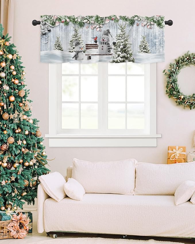 Merry Christmas Valance Curtains for Kitchen Windows Xmas Snowman Snowy Pine Tree Rod Pocket Window Treatment Toppers for Kitchen/Living Room/Bedroom/Bathroom, 42" X 12", Blue Winter