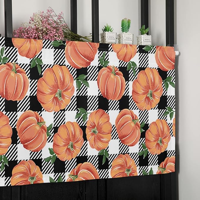 Fall Kitchen Curtains Valances for Windows Thanksgiving Halloween Pumpkins Rod Pocket Window Treatment for Kitchen /Living Room/Bedroom/ Bathroom,54" X 18" , Farmhouse Black White Buffalo Plaid